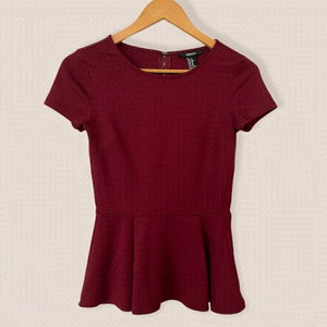 F21 Burgundy Peplum Short Sleeve Top